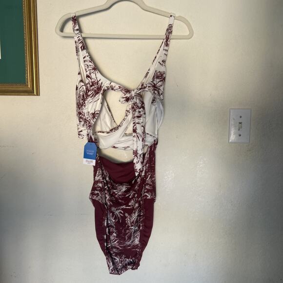 Lands' End Women's Long Wrap Monokini One Piece Swimsuit Burgundy Scenic 16L - Picture 3 of 6